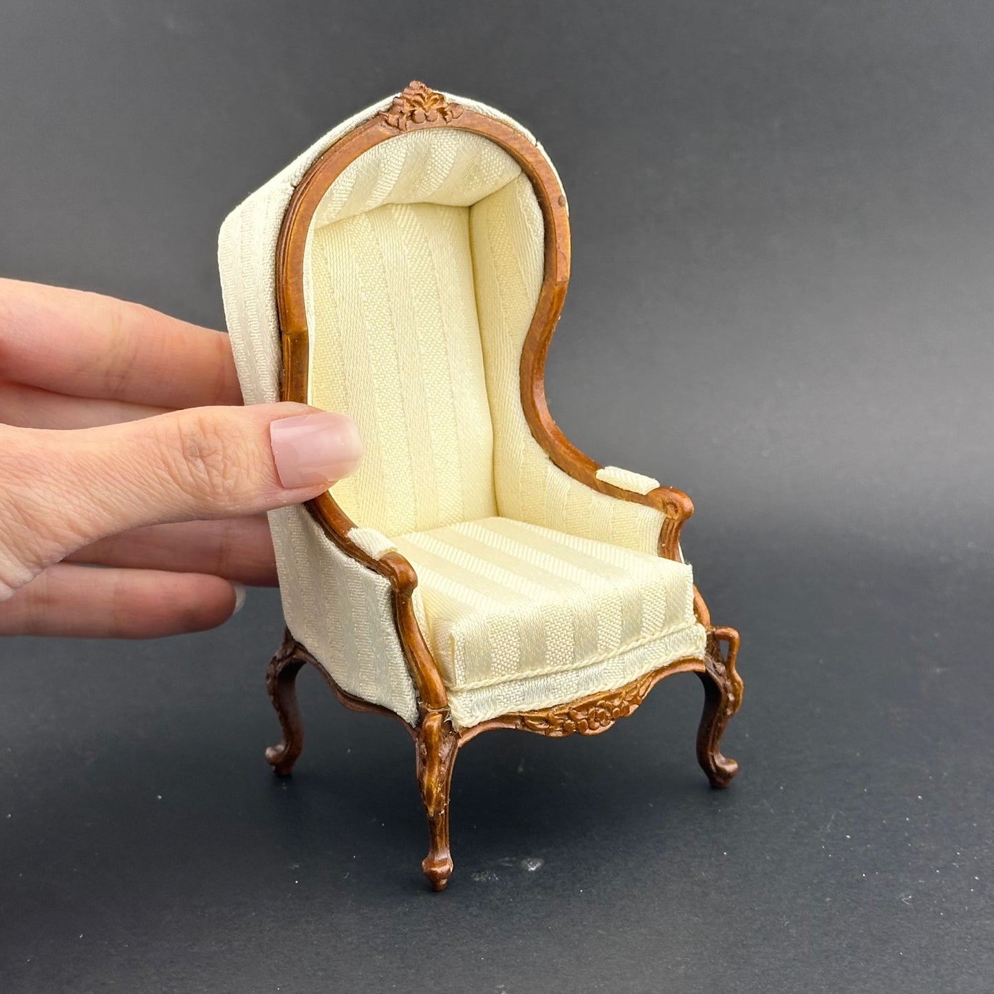 Canopy Chair with Swan Neck Cabriole Legs – 1:12 Scale Dollhouse Miniature, Antique White Striped Upholstery