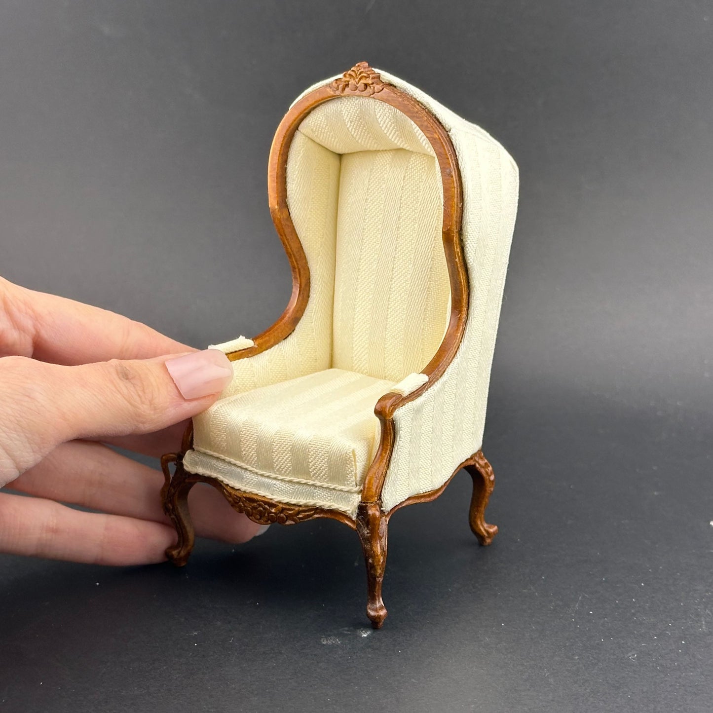 Canopy Chair with Swan Neck Cabriole Legs – 1:12 Scale Dollhouse Miniature, Antique White Striped Upholstery