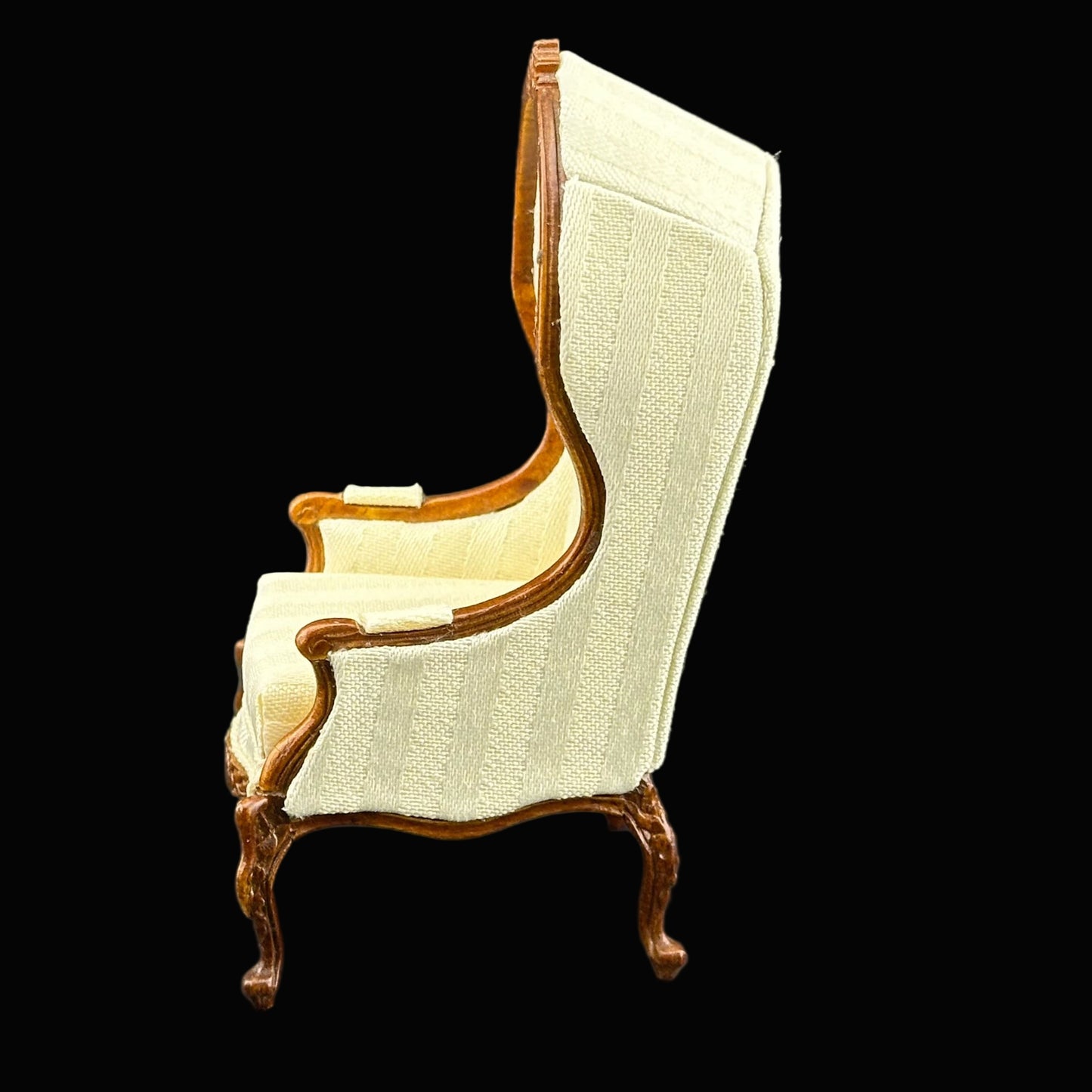 Canopy Chair with Swan Neck Cabriole Legs – 1:12 Scale Dollhouse Miniature, Antique White Striped Upholstery
