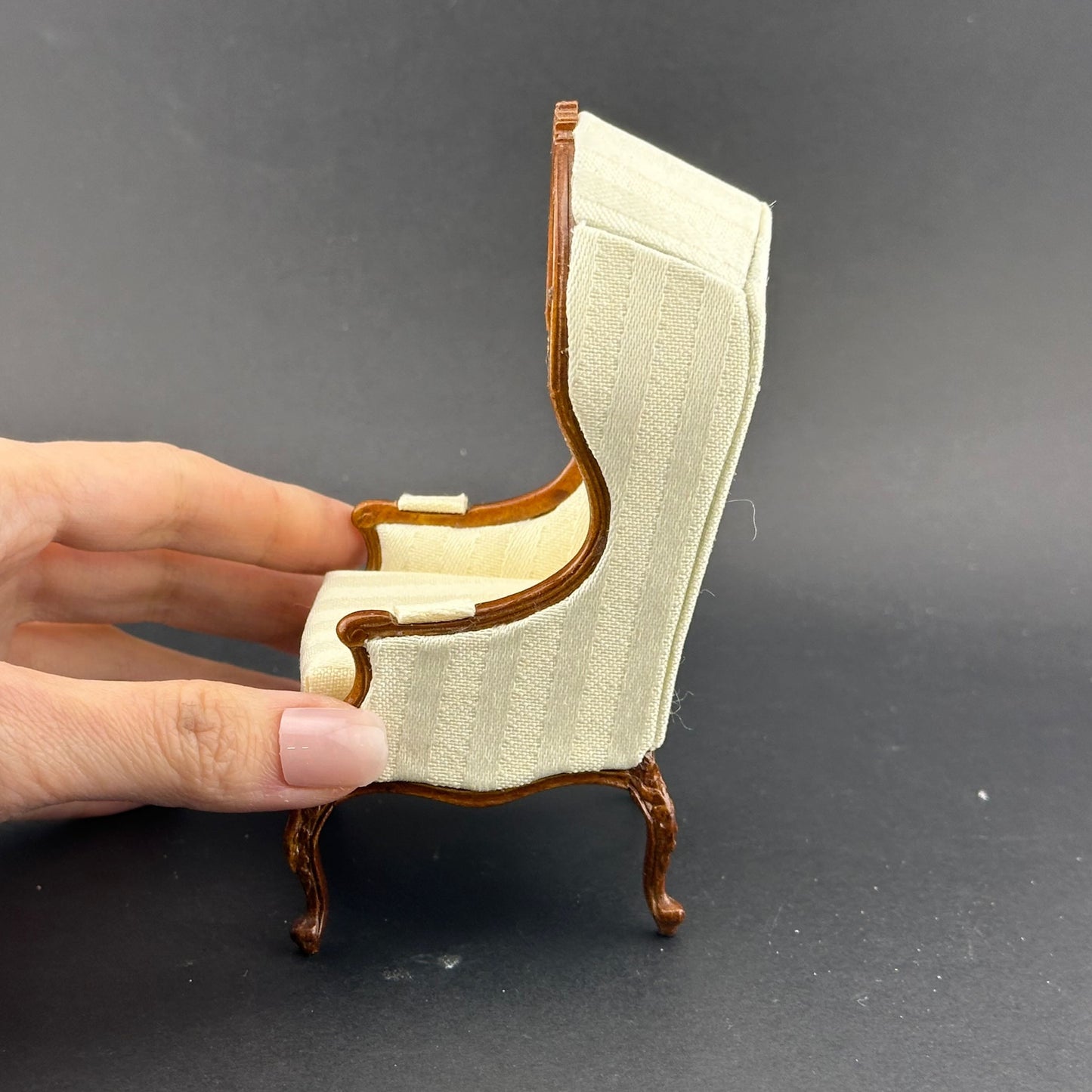 Canopy Chair with Swan Neck Cabriole Legs – 1:12 Scale Dollhouse Miniature, Antique White Striped Upholstery