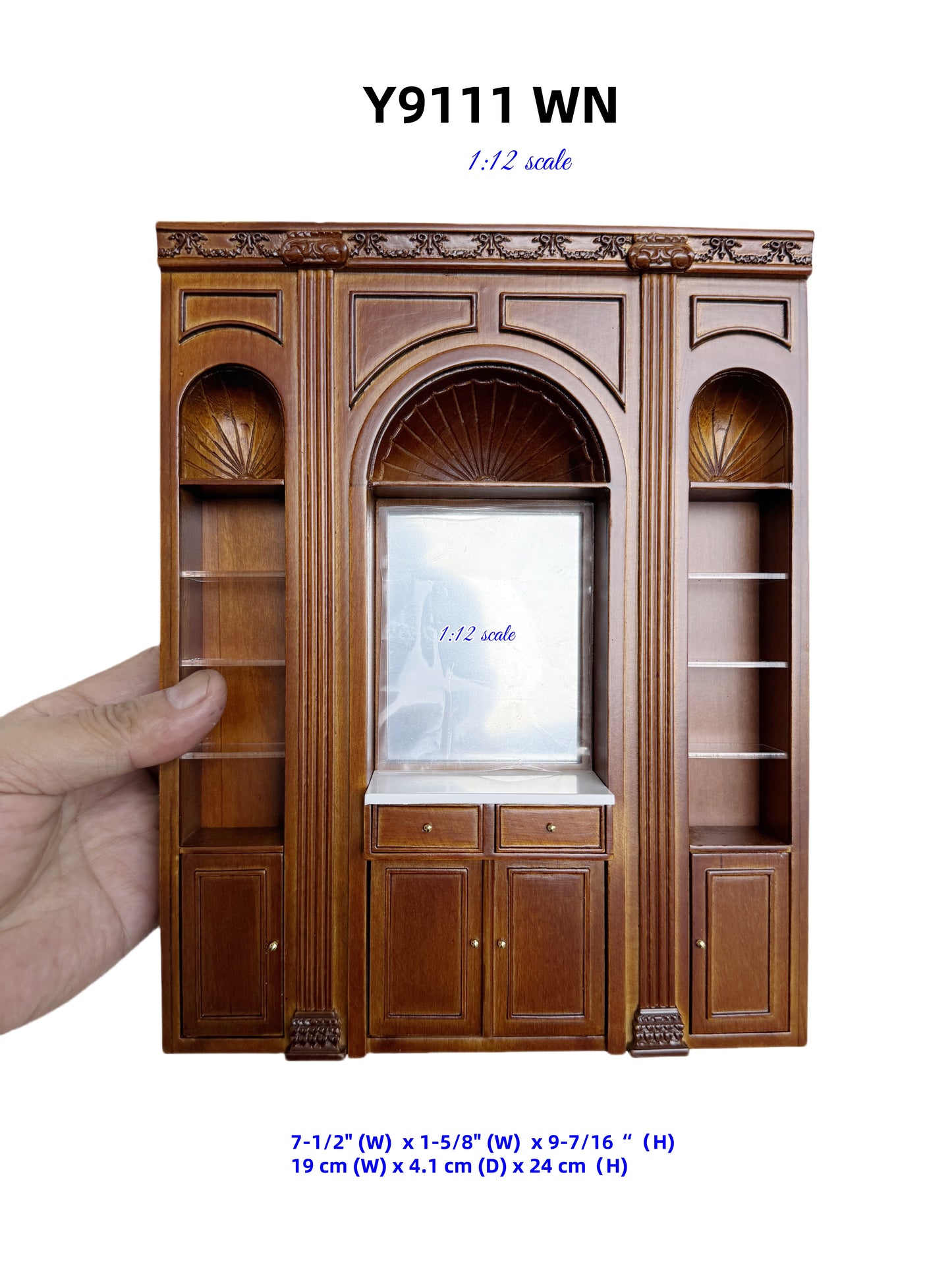 1:12 Miniature Manor Multi-Purpose Panel – Versatile Storage Unit with Shelves, Drawers & Mirror – Dollhouse Furniture