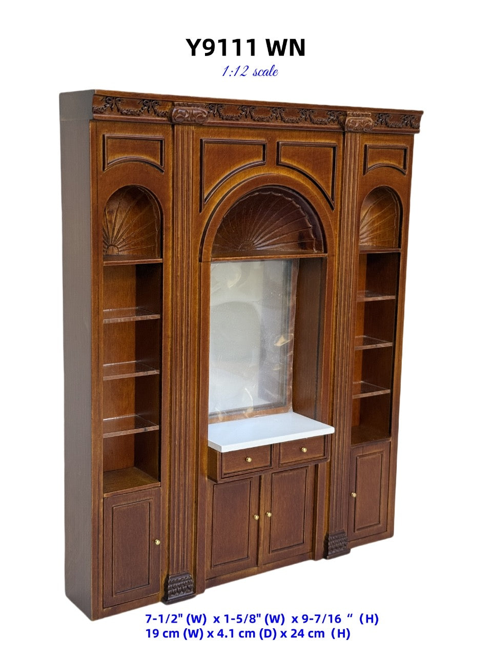 1:12 Miniature Manor Multi-Purpose Panel – Versatile Storage Unit with Shelves, Drawers & Mirror – Dollhouse Furniture