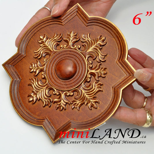 Grand panneau de plafond royal décoré en noyer de 6 pouces pour maison de poupée miniature 1:12, médaillon de plafond en bois, décoration V4022WN