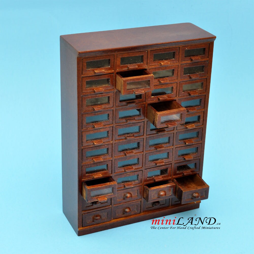 Store haberdasher counter 40 drawers unit Art Deco dollhouse miniature 1:12 scale walnut 1900-1950 V4033