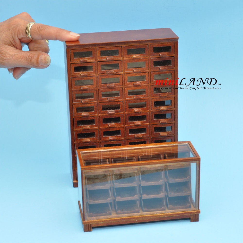 Store haberdasher counter 40 drawers unit Art Deco dollhouse miniature 1:12 scale walnut 1900-1950 V4033