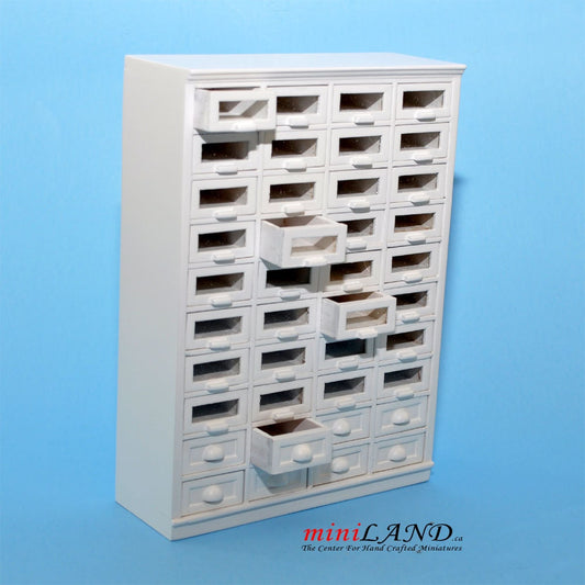 Meuble de magasin, comptoir de mercerie, 40 tiroirs, Art Déco, miniature pour maison de poupée, échelle 1:12, blanc, 1900-1950, V4033