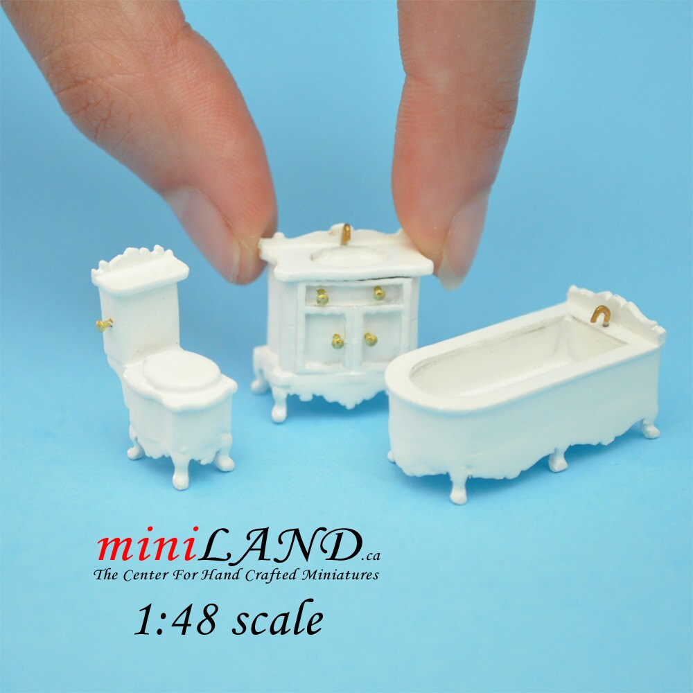 1:48 1/4" Scale bathroom set Toilet, bathtub, sink 3pcs White 1/48 Top Quality Q1450 WH