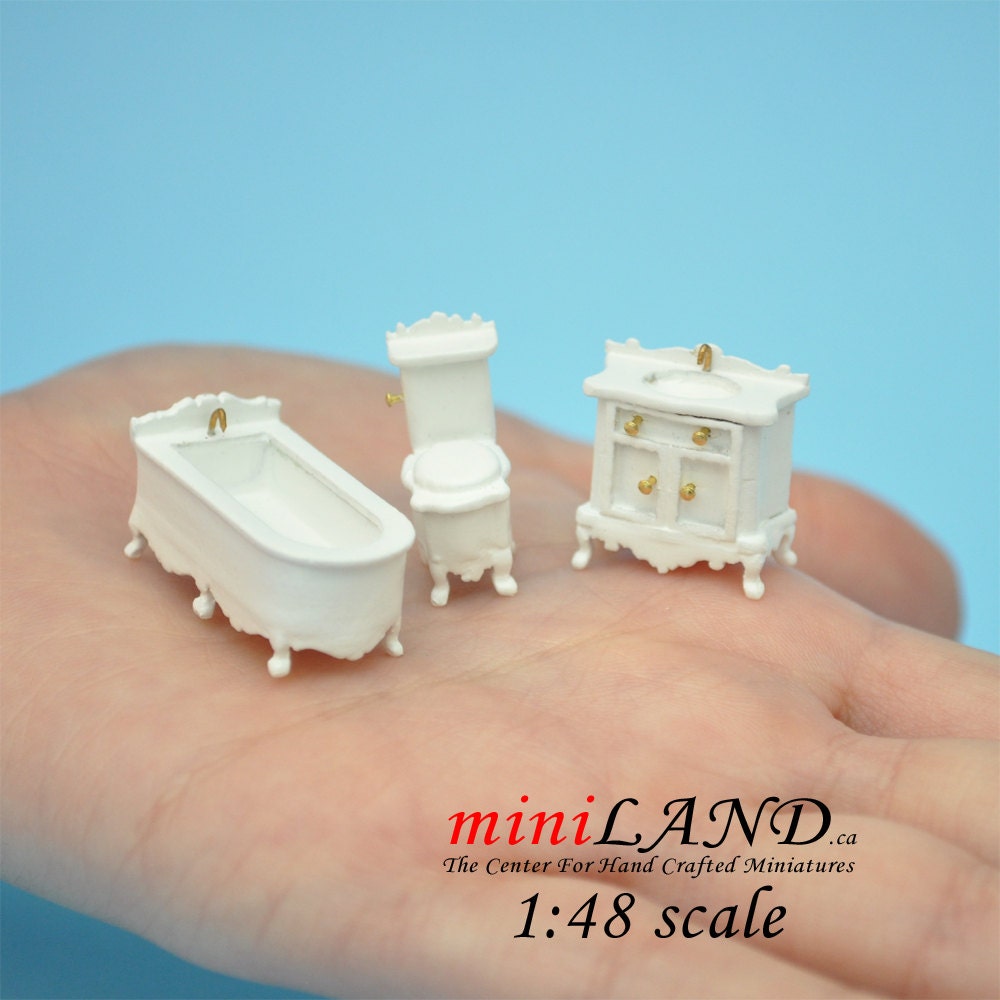 1:48 1/4" Scale bathroom set Toilet, bathtub, sink 3pcs White 1/48 Top Quality Q1450 WH