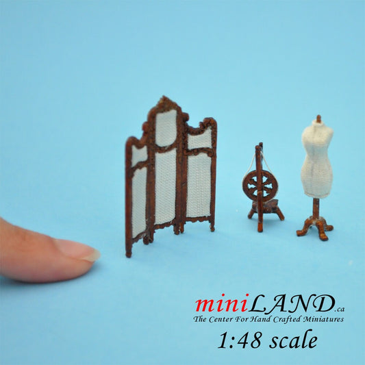 1:48 1/4"  sewing room set 3pcs dress form, screen, Spinning Wheel 1/48 Top Quality Q5286set NWN