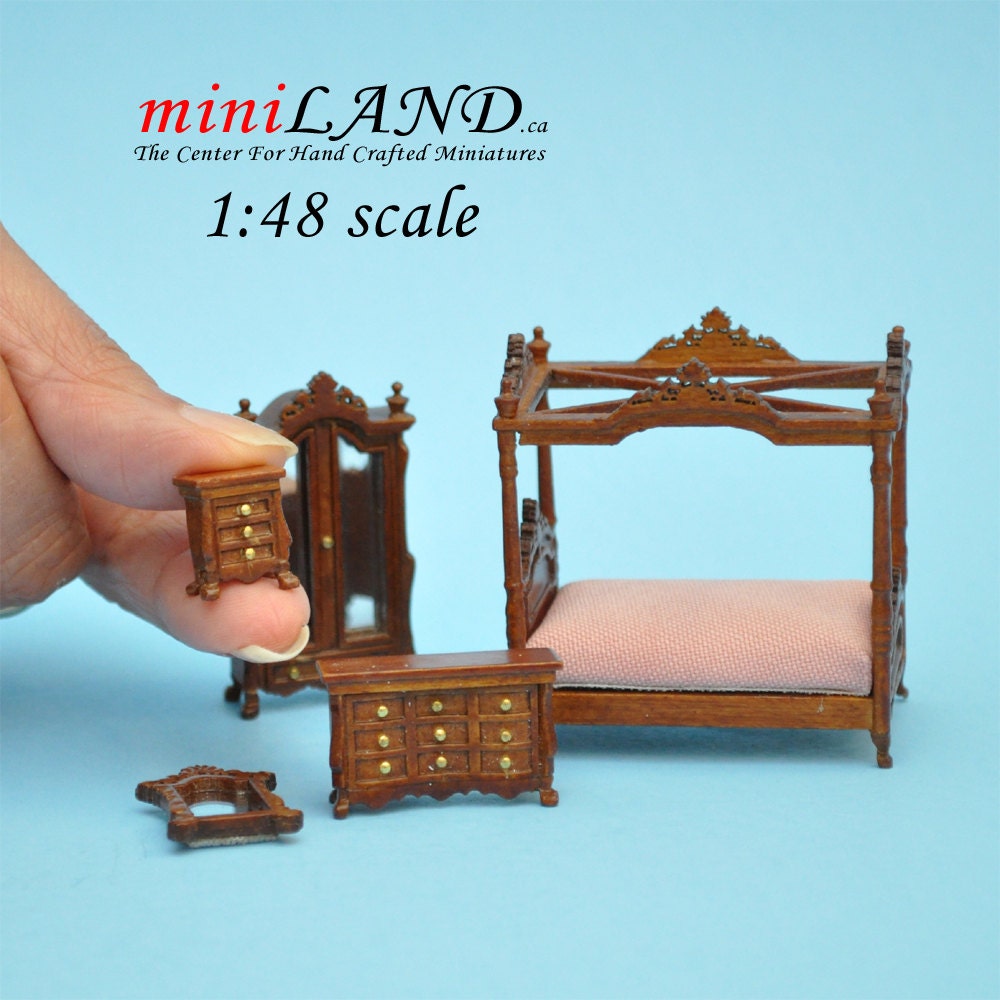 1:48 1/4" quarter scale bedroom set 5pcs wood handcraft bed dresser wardrobe Q4120 NWN