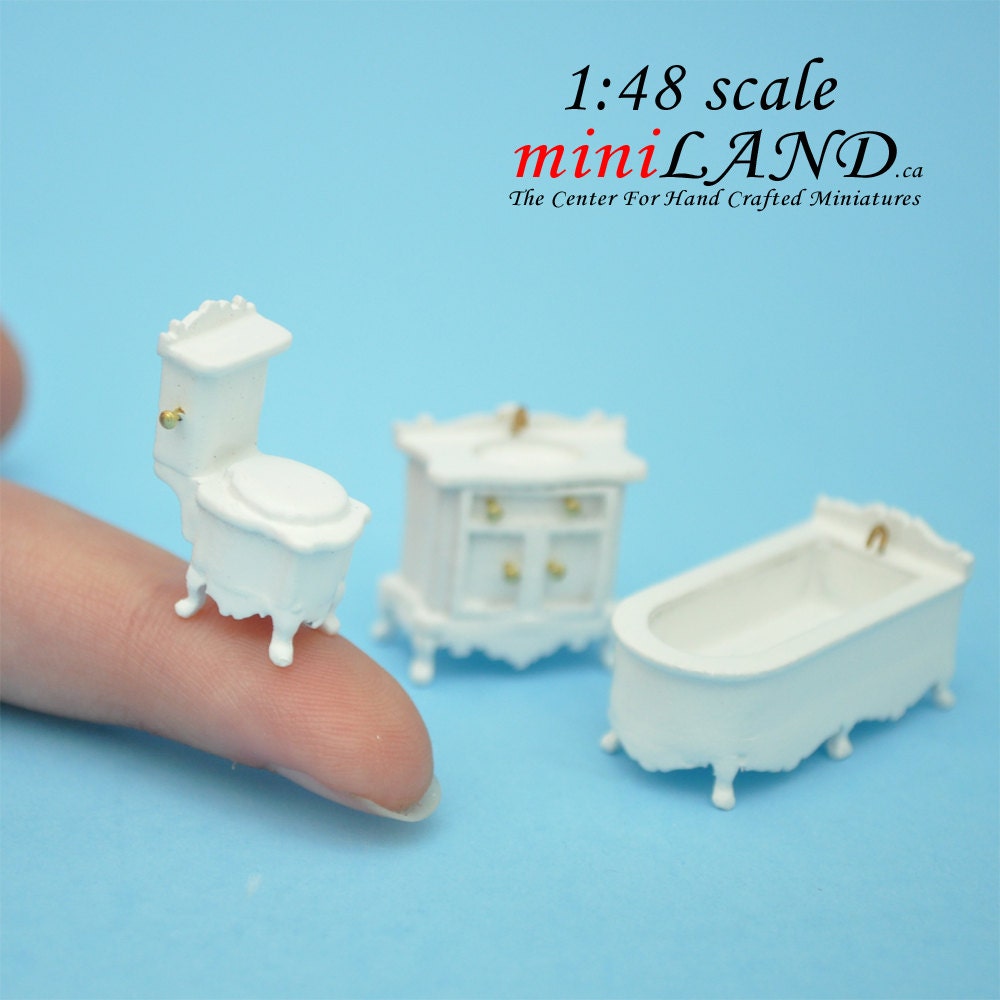 1:48 1/4" Scale bathroom set Toilet, bathtub, sink 3pcs White 1/48 Top Quality Q1450 WH