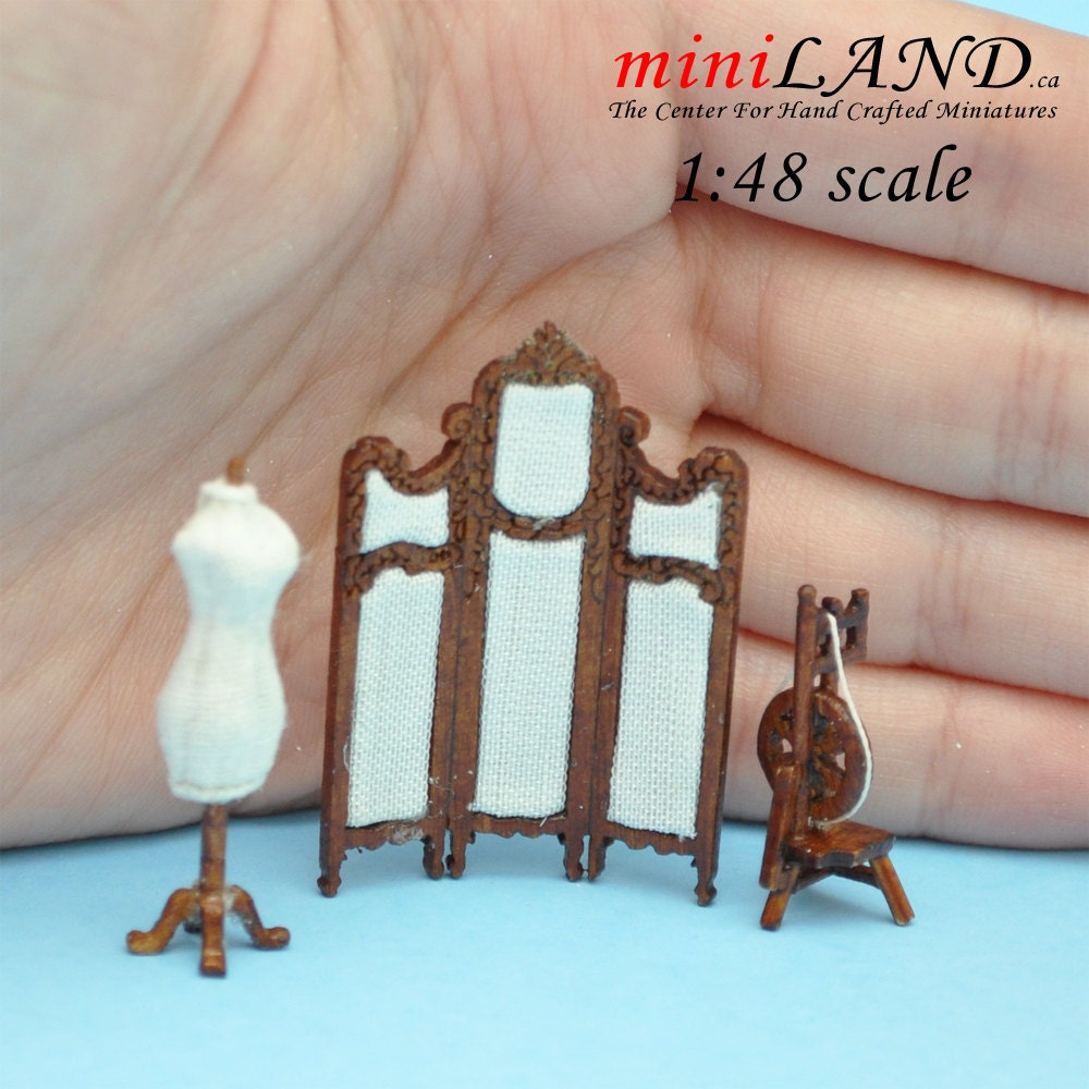 1:48 1/4" sewing room set 3pcs dress form, screen, Spinning Wheel 1/48 Top Quality Q5286set NWN