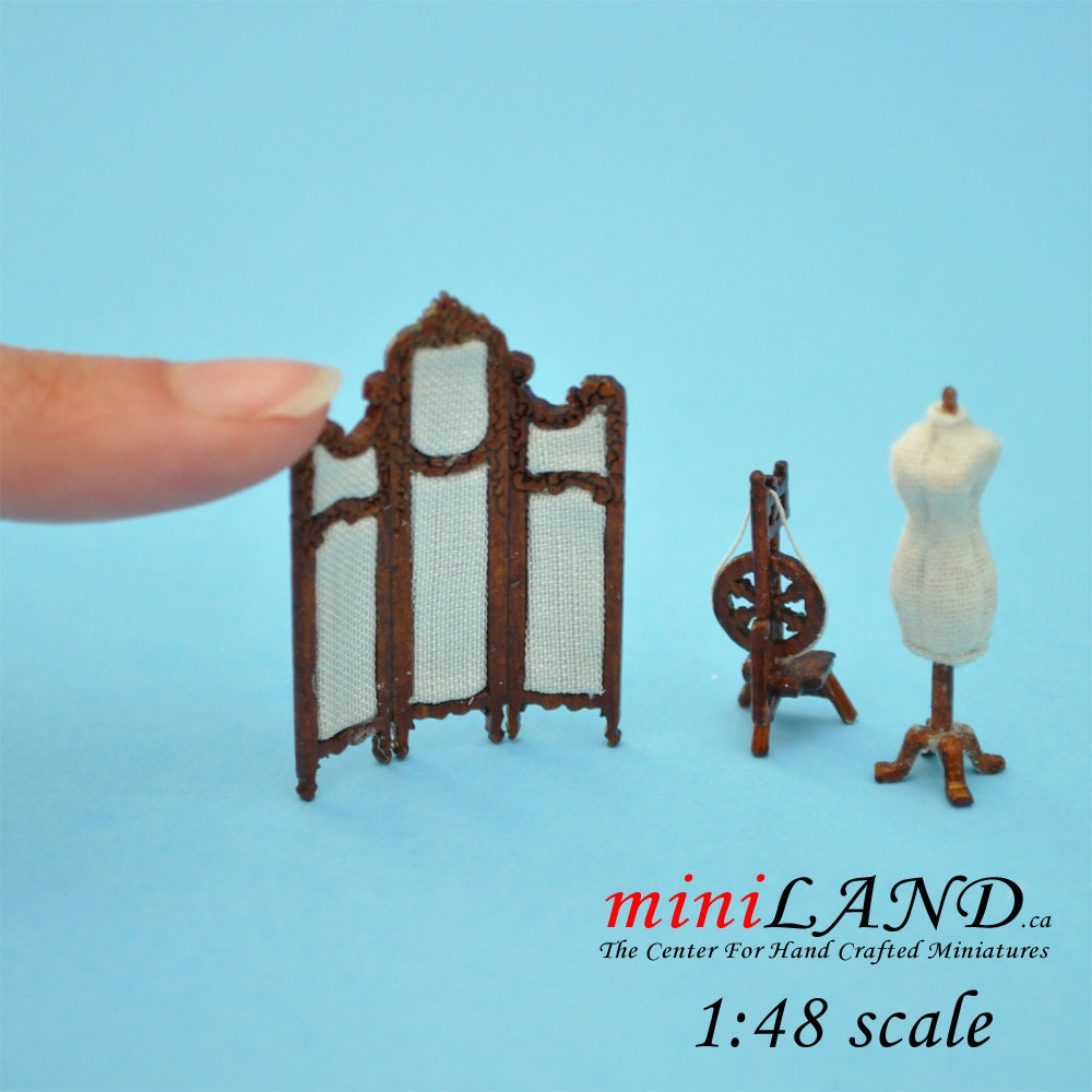 1:48 1/4" sewing room set 3pcs dress form, screen, Spinning Wheel 1/48 Top Quality Q5286set NWN