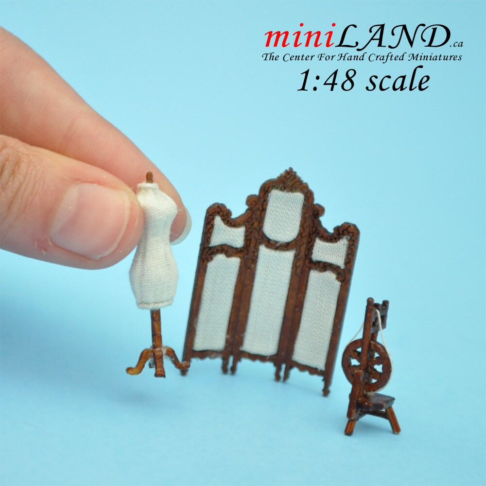 1:48 1/4" sewing room set 3pcs dress form, screen, Spinning Wheel 1/48 Top Quality Q5286set NWN