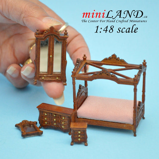 1:48 1/4" quarter scale bedroom set 5pcs wood handcraft bed dresser wardrobe Q4120 NWN