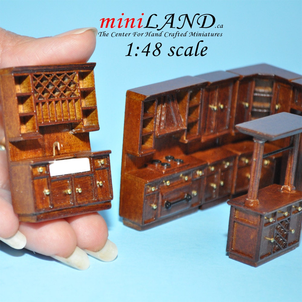 1:48 1/4" Viertelmaßstab Küchenset 6-teilig Holz Kühlschrank Herd Spüle Nussbaum Q3800SET-NWN