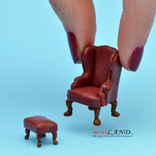 1:48 1/4" quarter scale Queen Ann armchair and stool set 2pcs Top quality brown dollhouse miniature Q2315 R