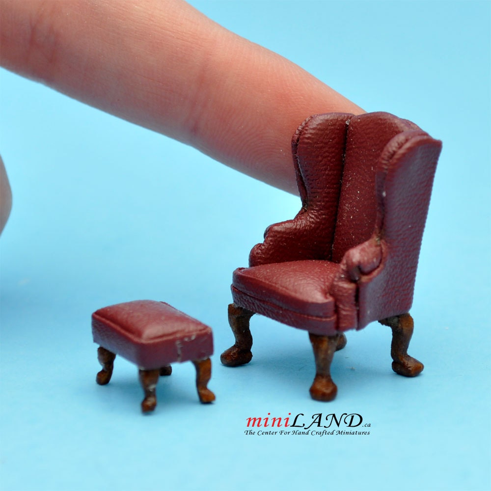 1:48 1/4" quarter scale Queen Ann armchair and stool set 2pcs Top quality brown dollhouse miniature Q2315 R