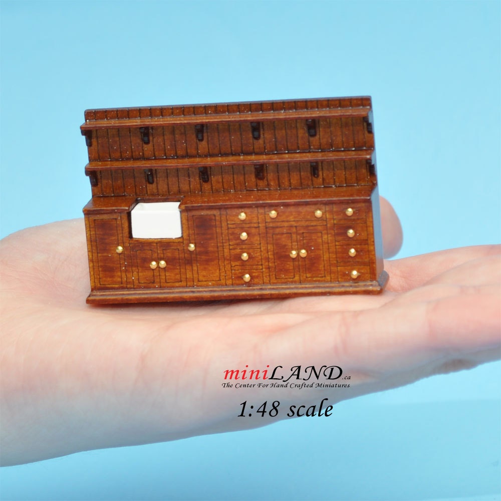 1:48 1/4" quarter scale kitchen unit w/ shelves sink dollhouse miniature Walnut Q0100 WN