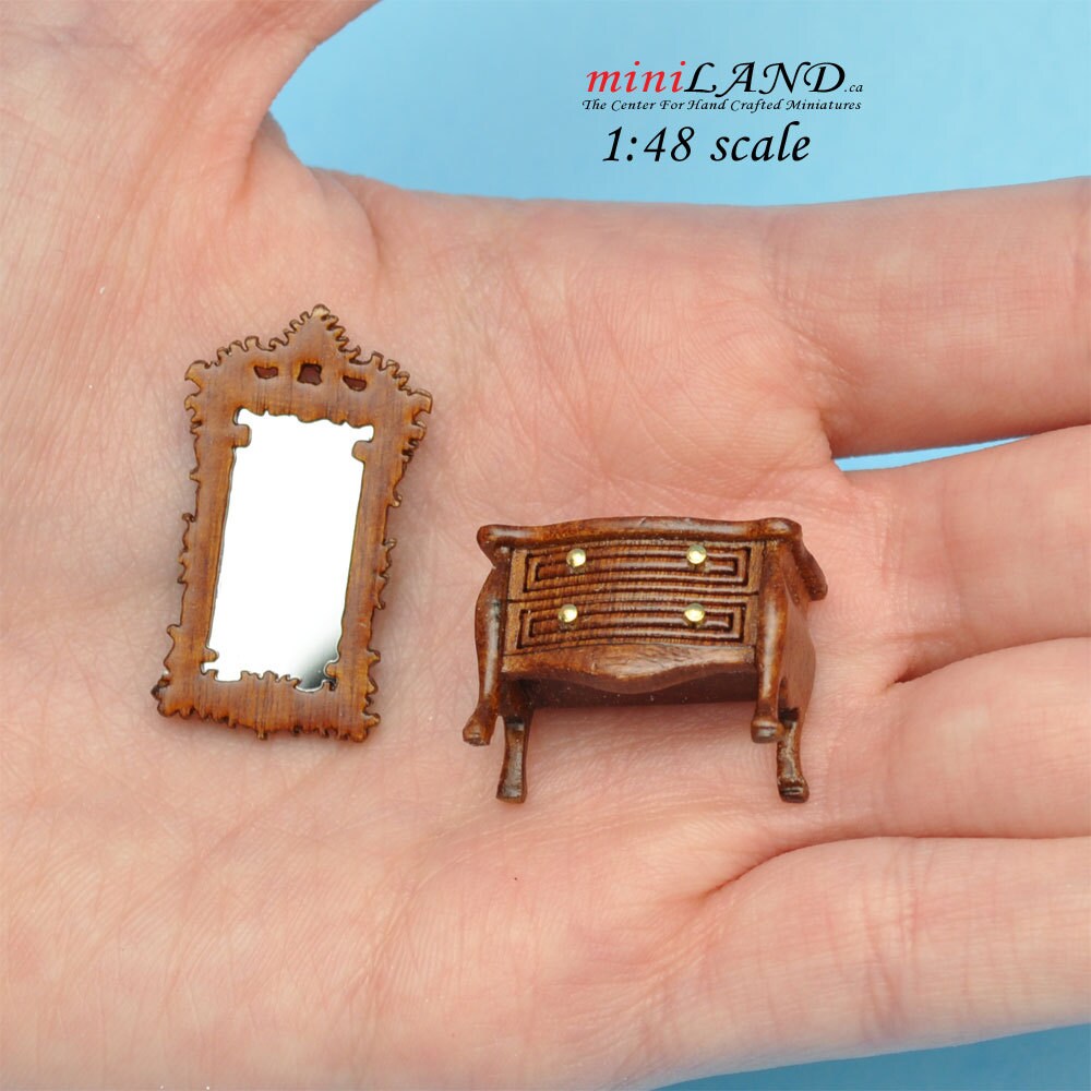 1:48 1/4" quarter scale Victorian dresser with mirror room set 2pcs Top quality Walnut dollhouse miniature