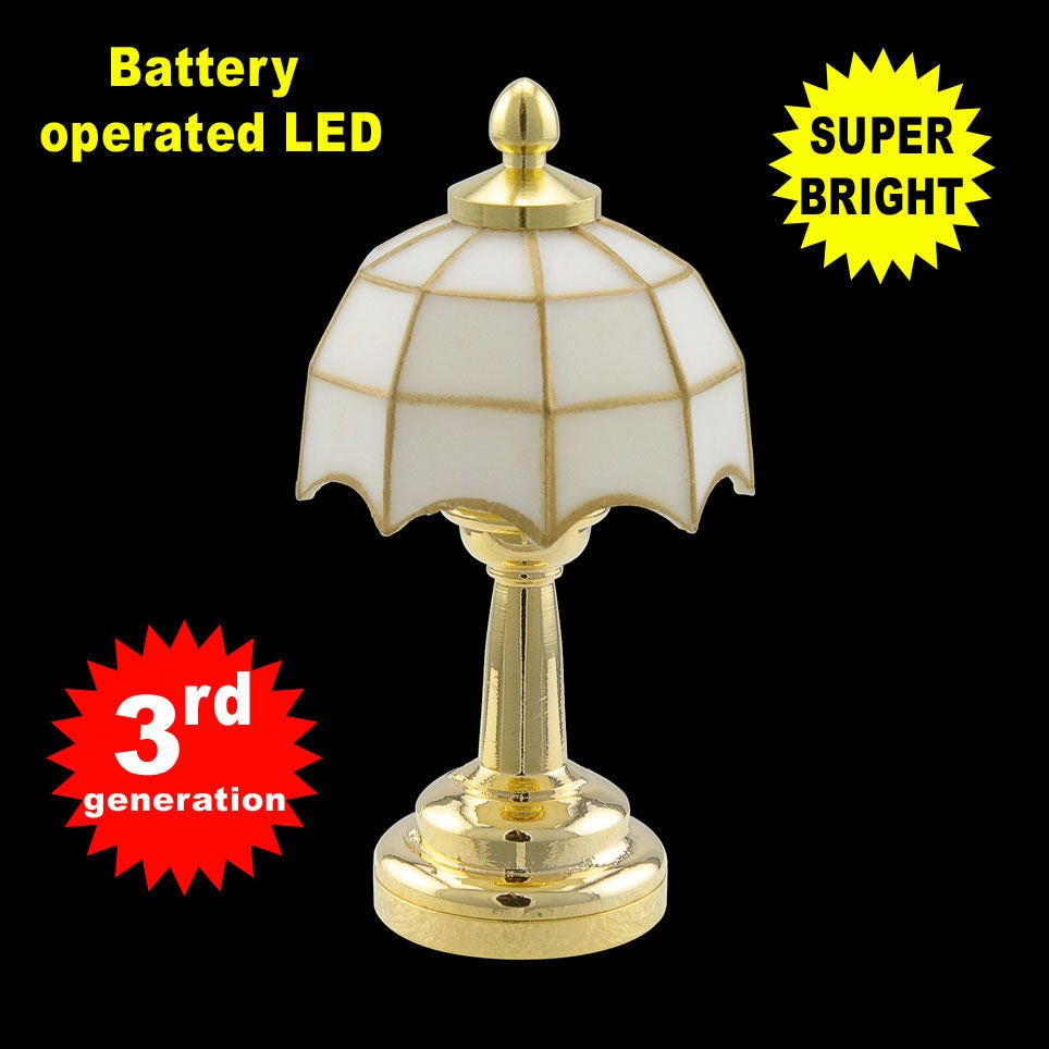 Brass round white Tiffany lamp LED Super bright with On/off switch for Dollhouse miniature 1:12 scale