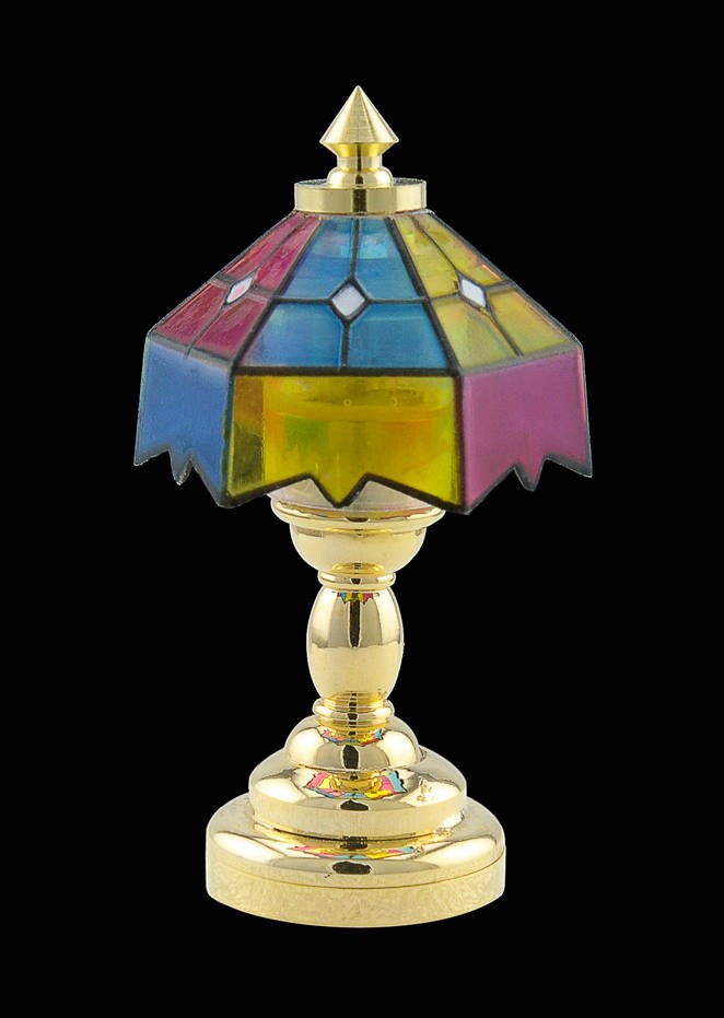 Farbige Tiffany-Lampe aus Messing, LED, superhell, mit Ein-/Ausschalter für Puppenhausminiatur im Maßstab 1:12, bunt