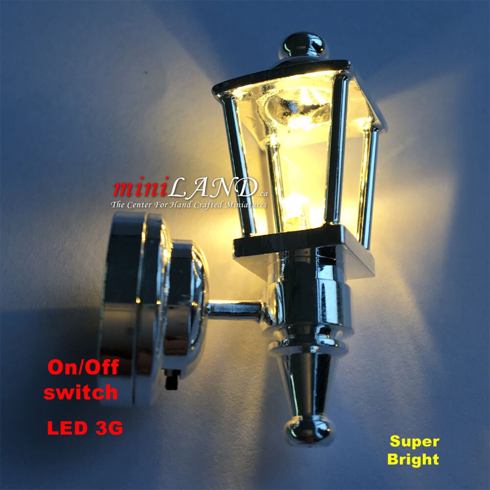 Silver modern Carriage Lamp Sconce Super bright LED light with On/off switch for 1:12 dollhouse miniature FA052022