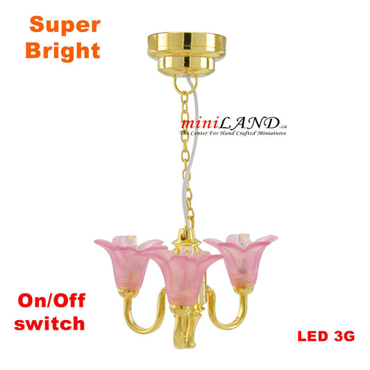 Lustre tulipe rose en laiton à 3 bras LED super lumineux avec interrupteur marche/arrêt pour miniatures de maison de poupée à l'échelle 1:12