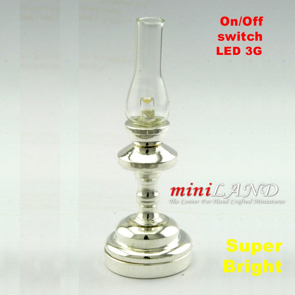 Trad. tall Hurricane SILVER Lamp LED Super bright with On/off switch for dollhouse miniature 1:12 scale