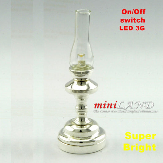 Trad. tall Hurricane SILVER Lamp LED Super bright with On/off switch for dollhouse miniature 1:12 scale