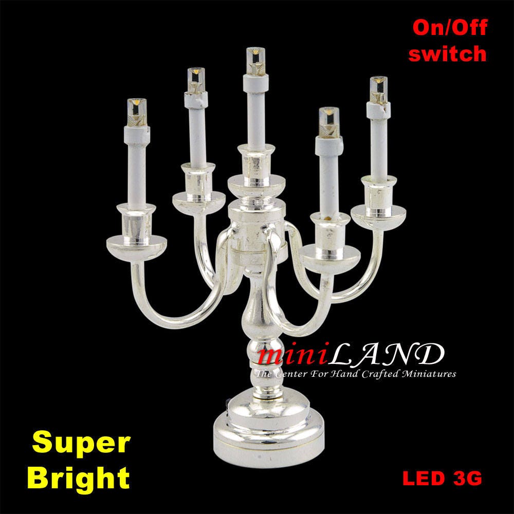 Silver Candelabra 5 arms LED Super bright with On/off switch for dollhouse miniature 1:12 scale candle standing table lamp candle