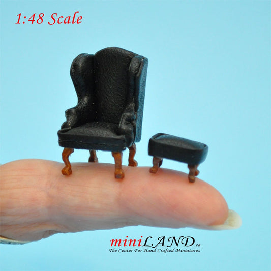 1:48 1/4" quarter scale Queen Ann armchair and stool set 2pcs Top quality Black Q2315 BK