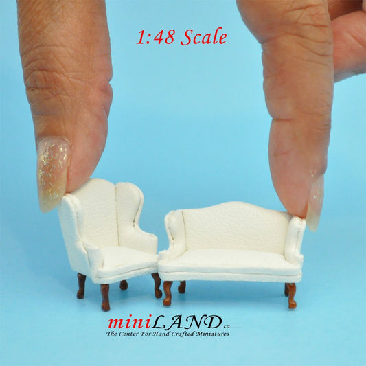 1:48 1/4" quarter scale Queen Anne Leather Sofa and wing chair set White Top quality walnut for dollhouse miniature Q2614set WH