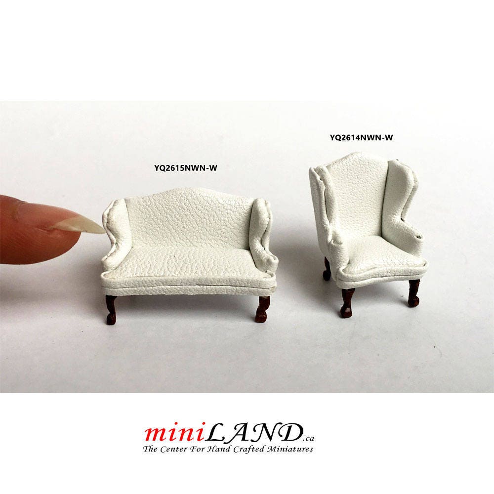 1:48 1/4" quarter scale Queen Anne Leather Sofa and wing chair set White Top quality walnut for dollhouse miniature Q2614set WH