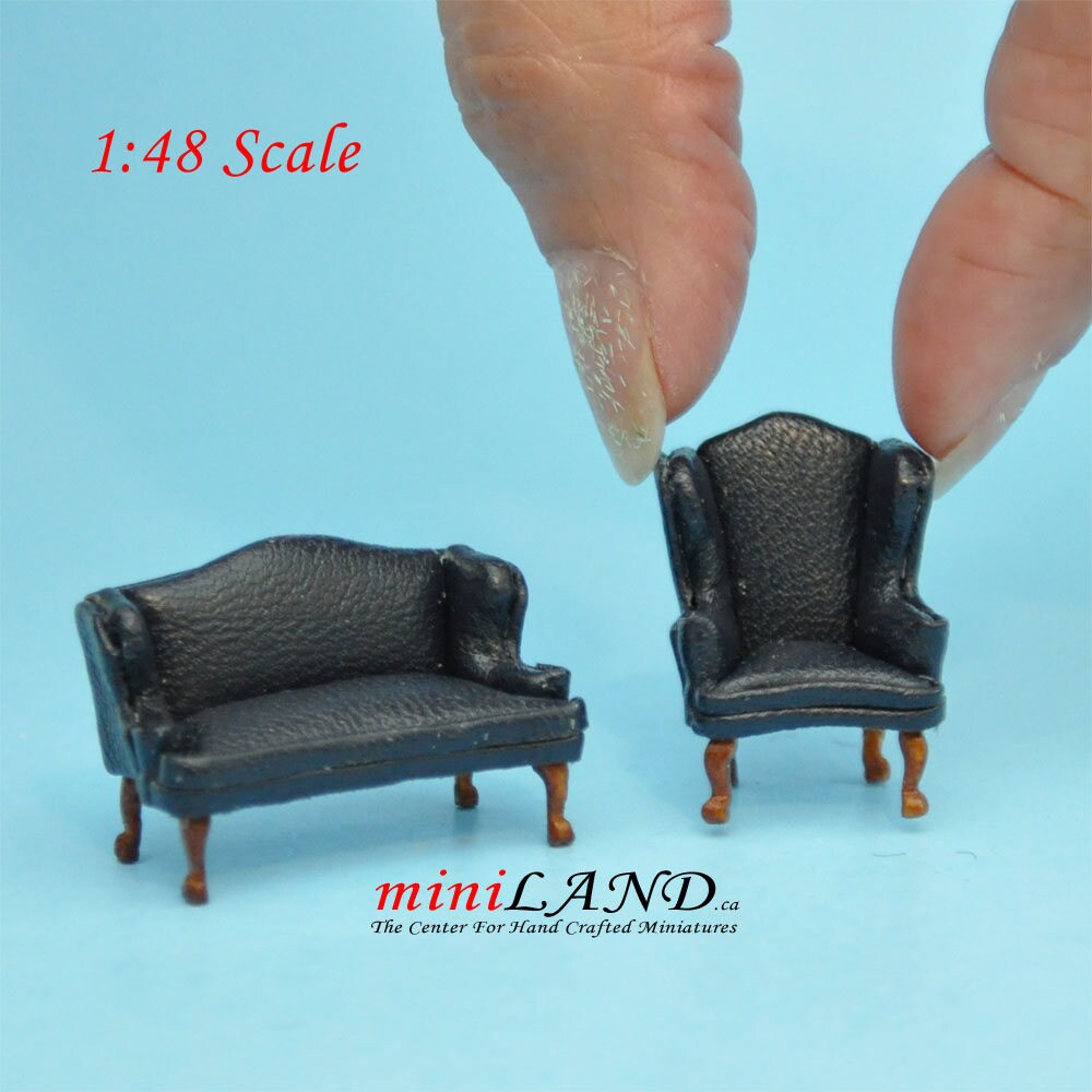 1:48 1/4" quarter scale Queen Anne Leather Sofa and wing chair set BLACK Top quality walnut for dollhouse miniature