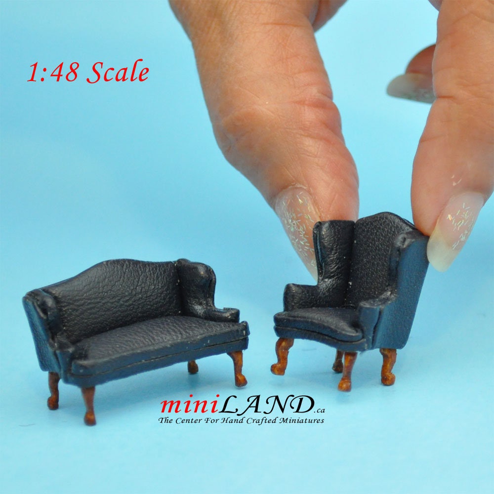 1:48 1/4" quarter scale Queen Anne Leather Sofa and wing chair set BLACK Top quality walnut for dollhouse miniature