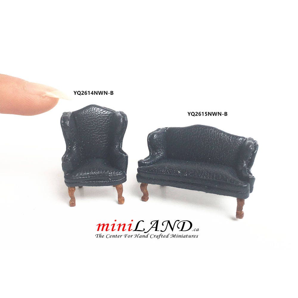1:48 1/4" quarter scale Queen Anne Leather Sofa and wing chair set BLACK Top quality walnut for dollhouse miniature