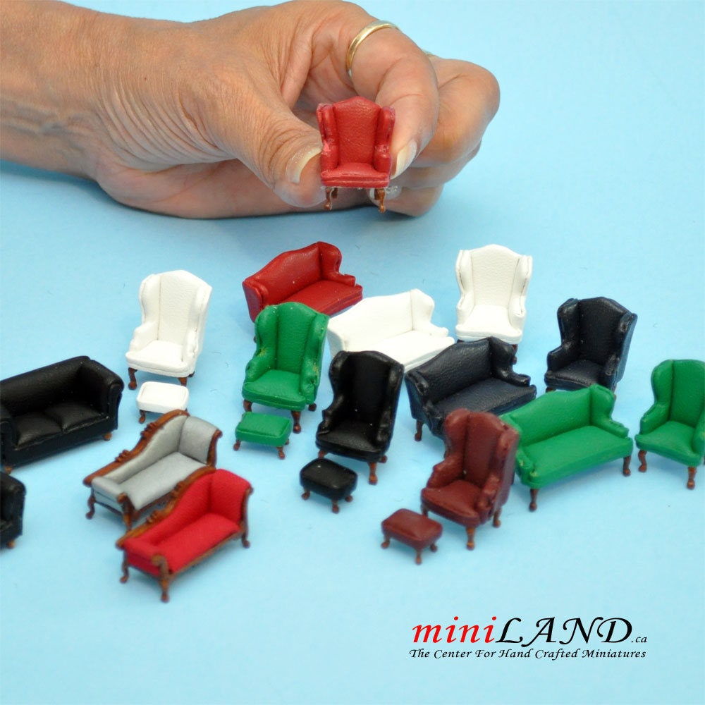 Ensemble canapé et fauteuil à oreilles en cuir Queen Anne, échelle 1/4" 1/4, marron/rouge, noyer de qualité supérieure pour miniature de maison de poupée