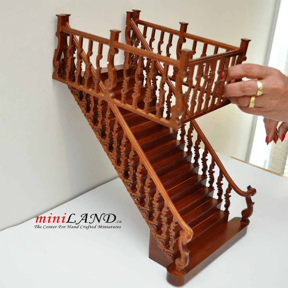 Quality wide Baroque staircase 9"-10" 1:12 Scale Miniature Wooden dollhouse stair WN with railing