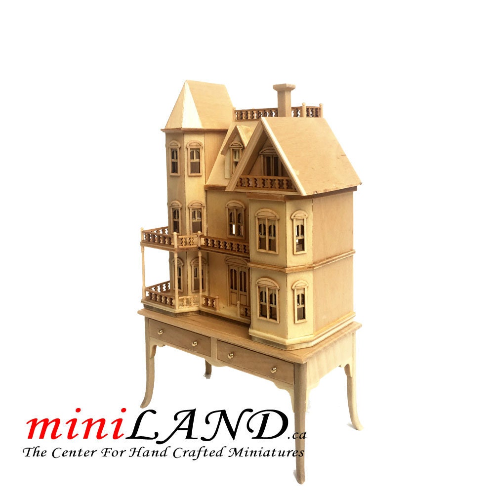 Queen Anne style Dollhouse for 1/12 dollhouse with table unfinished 1:144 miniature house for 1/12 rooms back opening