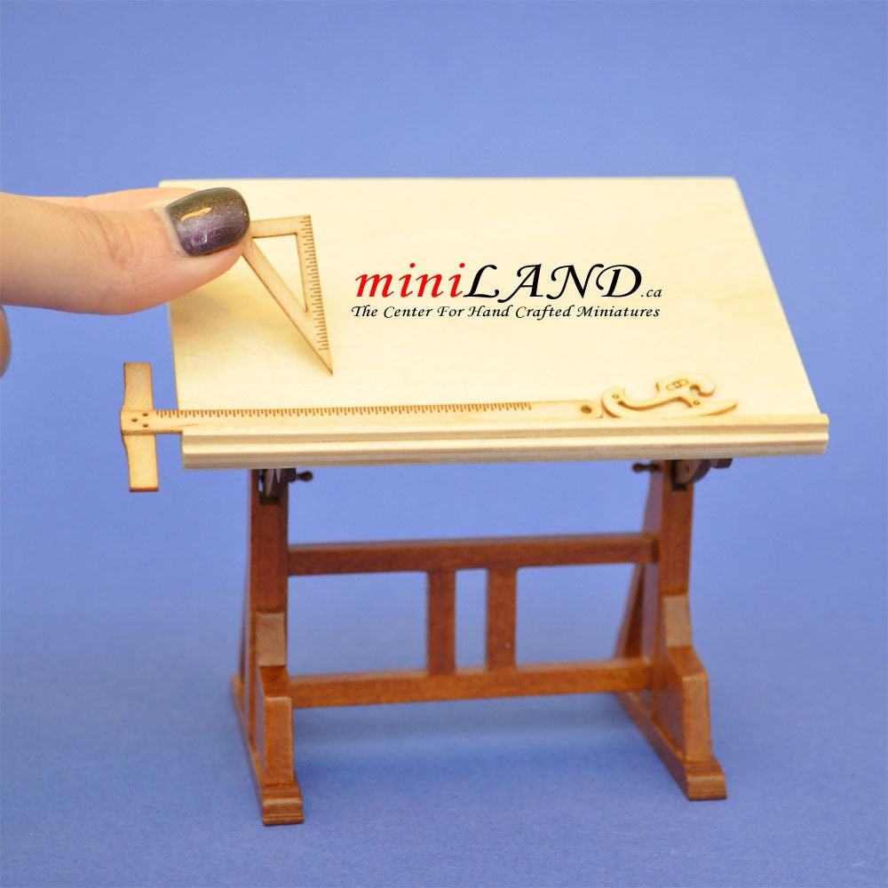 Architect's wooden drafting Drawing table with rulers 1:12 dollhouse miniature engineer designer