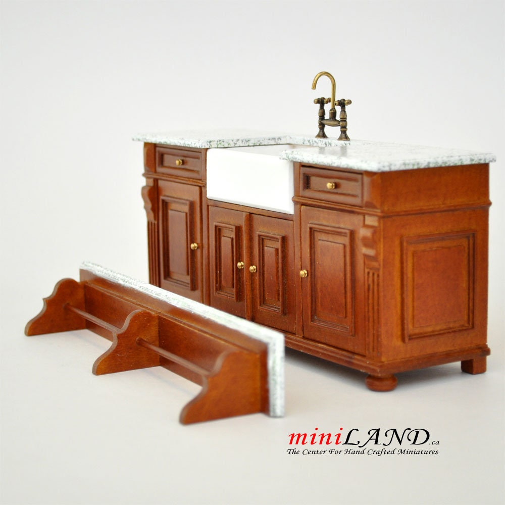 Walnut Victorian quality Kitchen sink unit counter with shelf metal tap 1:12 dollhouse miniature