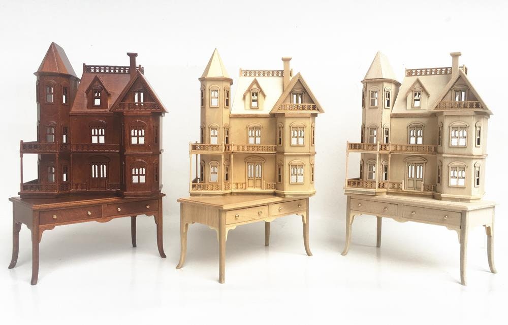 Queen Anne style Dollhouse for 1/12 dollhouse with table unfinished 1:144 miniature house for 1/12 rooms back opening