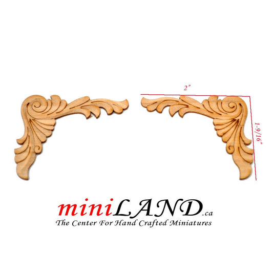 Wood Carved corner Onlay Applique Unpainted 2pcs for 1:12 dollhouse miniatures Handcrafted V002