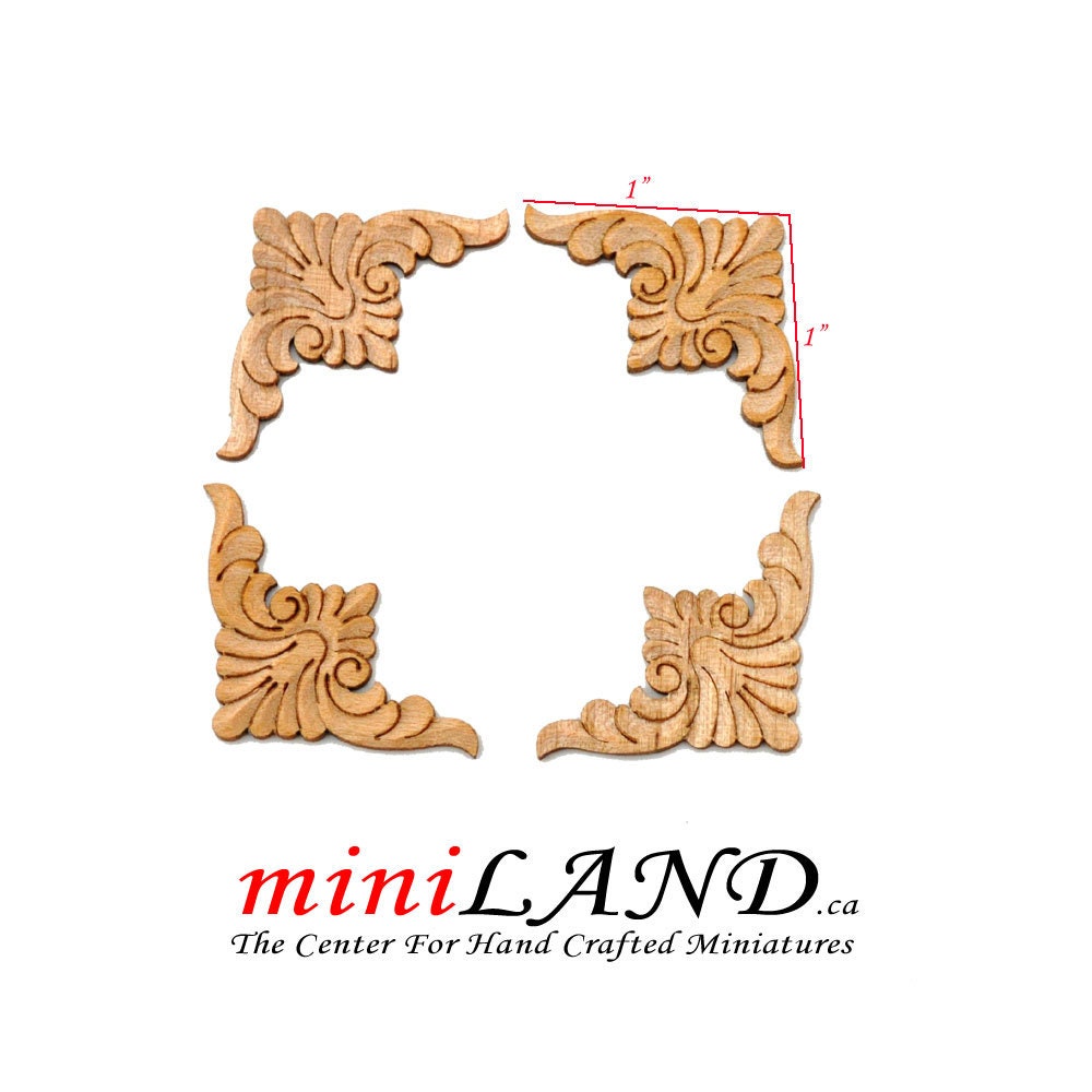 Wood Carved small corners Onlay Applique Unpainted 4pc for 1:12 dollhouse miniatures Handcrafted V003