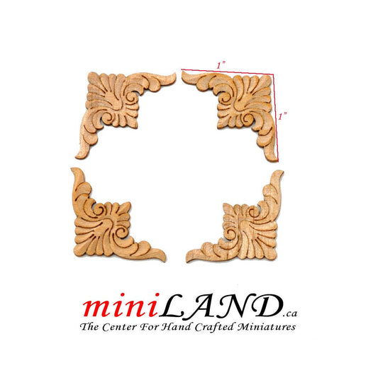 Wood Carved small corners Onlay Applique Unpainted 4pc for 1:12 dollhouse miniatures Handcrafted V003