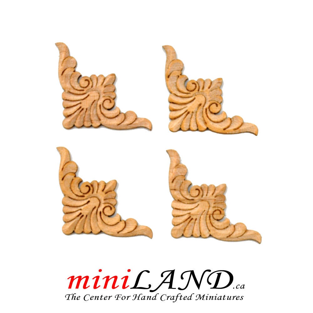 Wood Carved small corners Onlay Applique Unpainted 4pc for 1:12 dollhouse miniatures Handcrafted V003