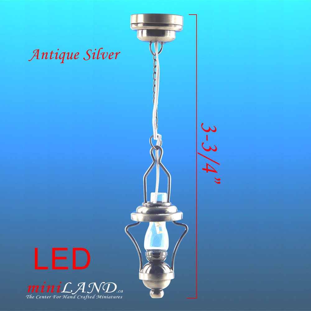Hanging antique gunmetal Black silver oil lamp LED Super bright with On/off switch for dollhouse miniature 1:12 scale