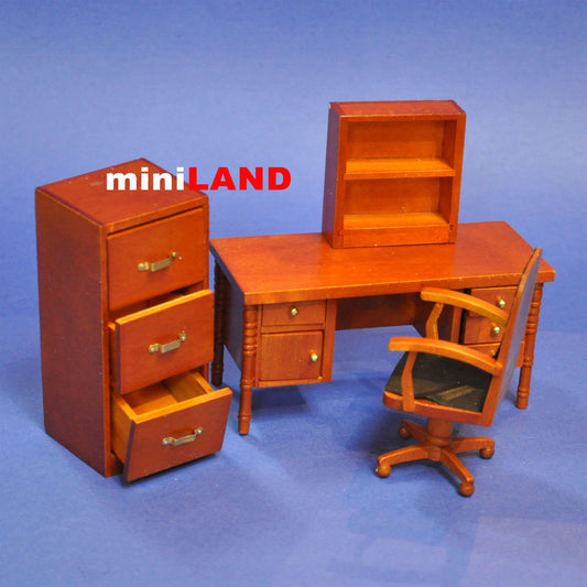 Modernes Bürozimmer-Set 4 Stück im Maßstab 1:12 für Puppenhausminiaturen WN Schreibtischstuhlregale
