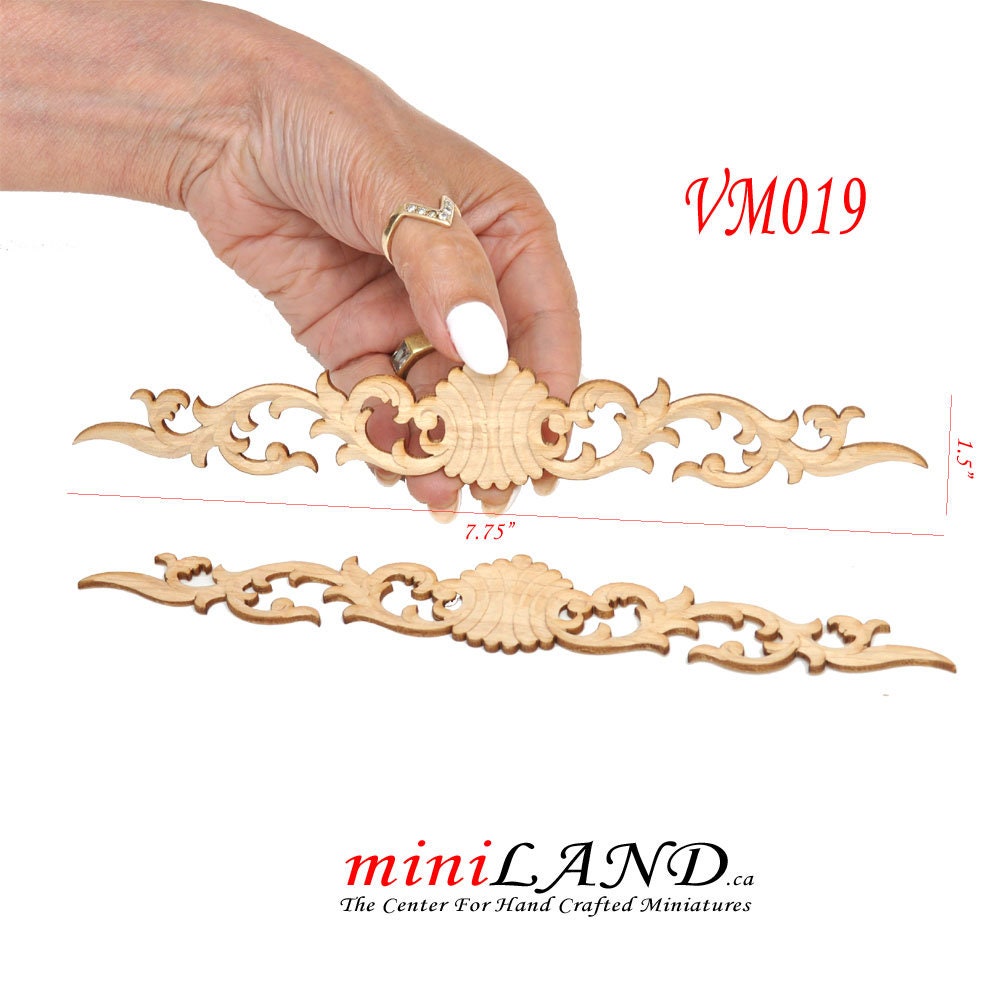 Large Wood Carved flowers Onlay Applique Unpainted 2pc for 1:6 1/6 or 1/4 dollhouse miniatures VM019UF wall panel frames